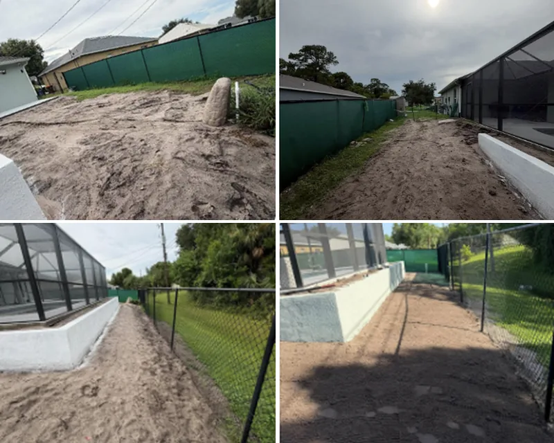 Collage showing freshly graded soil beside a screened patio and backyard fence.
